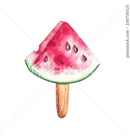 Watercolor piece of watermelon on a stick on a white isolated background 100736525