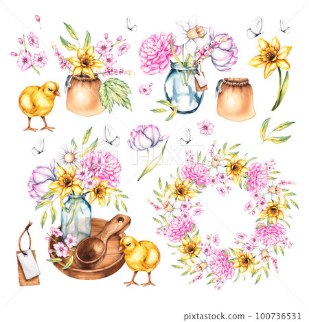 Watercolor set with flowers in vases, dishes, a chicken, a butterfly on a white isolated background Watercolor set with flowers in vases, dishes, a chicken, a butterfly on a white isolated background 100736531