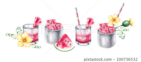 Watercolor set of watermelon cocktails with a beautiful arrangement of flowers, slices, ratsenias 100736532