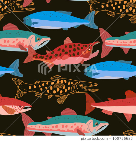 Seamless pattern with doodle salmon fish in modern original trendy style. Colorful vivid print for design. Vector hand drawn illustration. Seamless pattern with doodle salmon fish in modern original trendy style. Colorful vivid print for design. Vector hand drawn illustration. 100736683