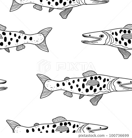 Seamless pattern with doodle smiling fish. Hand drawn lineart. Vector illustration. Seamless pattern with doodle smiling fish. Hand drawn lineart. Vector illustration. 100736699
