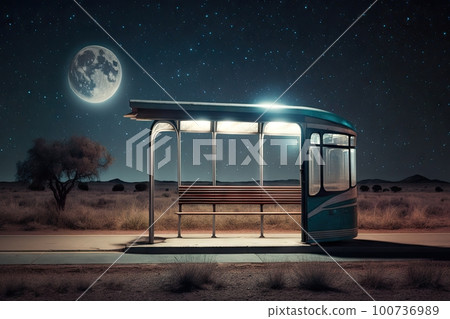 empty bus stop at night with the moon and the stars shining in the sky, created with generative ai 100736989