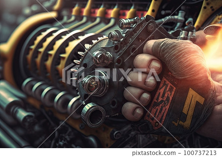 close-up of drag racer's hand, revving engine and releasing the clutch for launch, created with generative ai 100737213