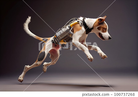 dog running and jumping with robotic leg, showing off its agility, created with generative ai dog running and jumping with robotic leg, showing off its agility, created with generative ai 100737268