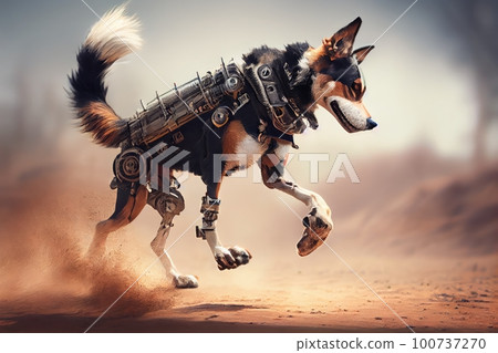 mechanical leg helping dog run and play with its pack, created with generative ai 100737270