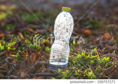 Used plastic bottle thrown away on grass covered ground outdoors. Pollution of nature concept. 100737271