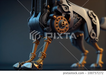 close-up of a dog's robotic leg, with the hinge and gears in full view, created with generative ai 100737272