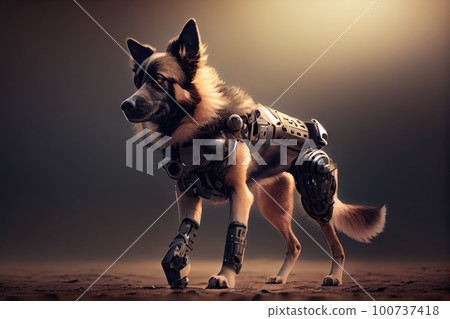 enhanced dog with a robotic leg fighting crime and saving the day, created with generative ai 100737418