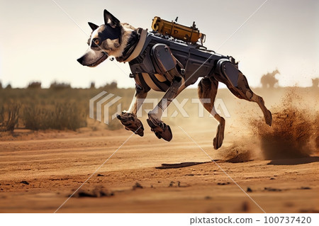 dog running and kicking up dirt track with robotic leg visible, created with generative ai 100737420