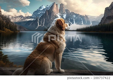 dog, looking out over the serene waters of a lake, with majestic mountain peaks in the background, created with generative ai 100737422