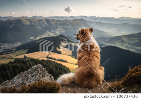 dog sitting on mountain peak, with view of the rolling hills and valleys below, created with generative ai 100737430