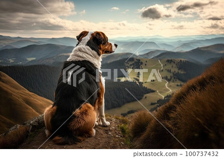 dog sitting on mountain peak, with view of the rolling hills and valleys below, created with generative ai 100737432
