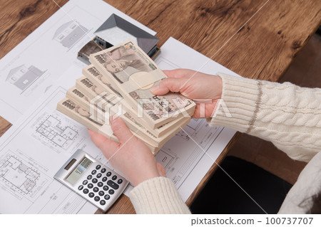 [A housewife doing calculations for purchasing a home] 100737707