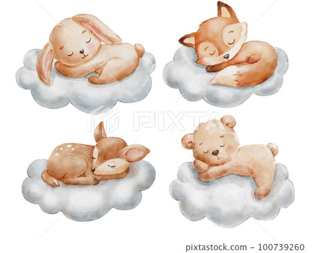 Cute dreaming bear, deer, fox and bunny on cloud. Cartoon hand drawn watercolor illustration. Baby animals Cute dreaming bear, deer, fox and bunny on cloud. Cartoon hand drawn watercolor illustration. Baby animals 100739260