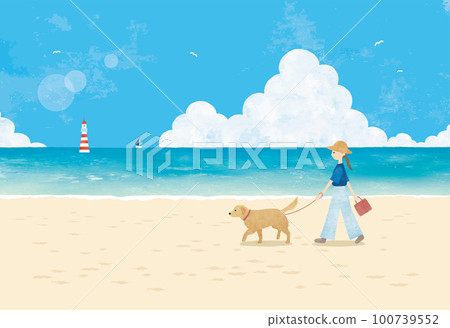 夏日的天空、大海、狗和走在沙灘水彩畫上的女人 100739552