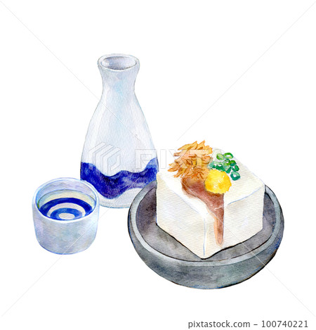 Sake and cold tofu evening drink set watercolor illustration 100740221