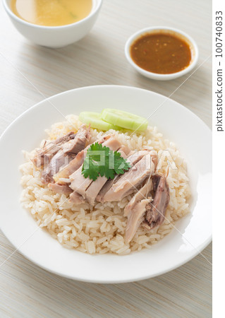 Hainanese Chicken Rice or steamed rice with chicken Hainanese Chicken Rice or steamed rice with chicken 100740833