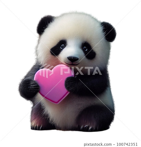 一隻毛茸茸的可愛熊貓寶寶抱著一顆心的 3D 插圖 100742351