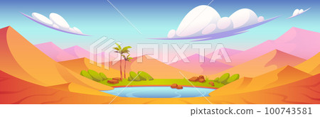 Desert landscape with oasis with palm trees, lake 100743581