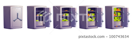 Open door safe box with money deposit vector set Open door safe box with money deposit vector set 100743634