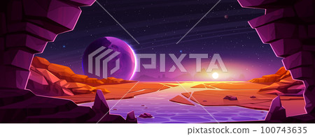 Space background with alien planet landscape Space background with alien planet landscape 100743635