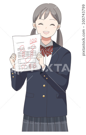School uniform smiling girl who gets a perfect score of 100 in the test (twintail hair) School uniform smiling girl who gets a perfect score of 100 in the test (twintail hair) 100743799
