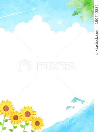 手繪向日葵和藍天大海背景插畫 100743823