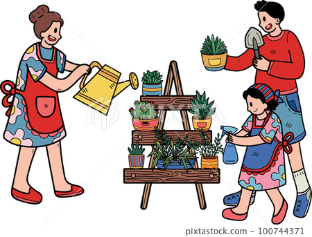 Family helping to care for the plants in pots illustration in doodle style 100744371
