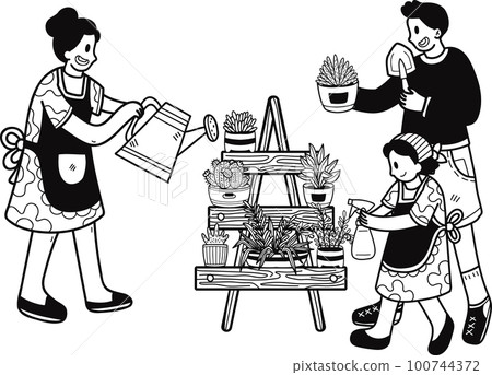 Family helping to care for the plants in pots illustration in doodle style 100744372