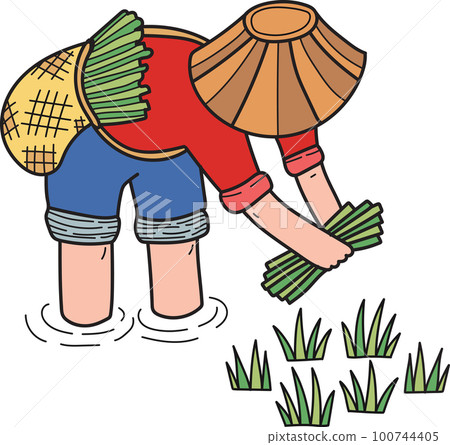farmers harvesting rice illustration in doodle style farmers harvesting rice illustration in doodle style 100744405