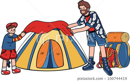 family helping to set up a tent for camping illustration in doodle style 100744419