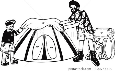 family helping to set up a tent for camping illustration in doodle style 100744420