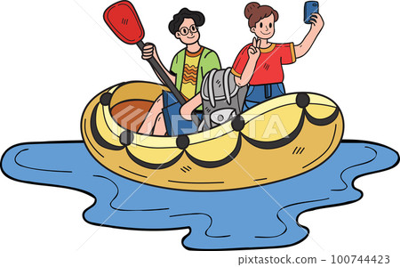 couple taking selfie on boat illustration in doodle style 100744423