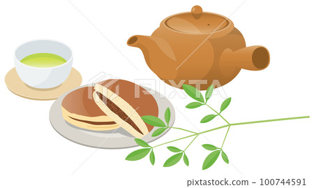 日本甜點 (銅鑼燒) 和綠茶的圖像插圖 100744591