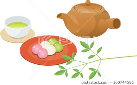 Image illustration of Japanese sweets (three-color dumplings) and green tea Image illustration of Japanese sweets (three-color dumplings) and green tea 100744596