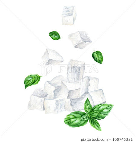 Greek feta cheese cubes and basil herb composition. Watercolor illustration isolated on a white background Greek feta cheese cubes and basil herb composition. Watercolor illustration isolated on a white background 100745381