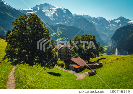 House on the hill with amazing view, Lauterbrunnen valley, Switzerland 100746159