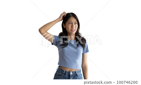 Young Asian woman thinking hard or planning to do something, Overthinking or worrying, Have a headache, Migraine, Stress, Free space for advertising or promoting products, Copy space, Enter text. 100746200