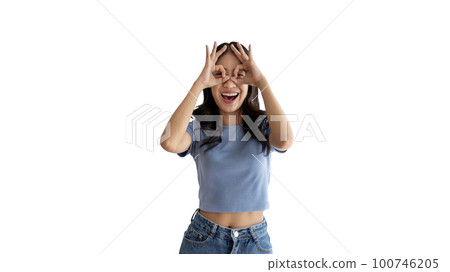Young asian woman over white background doing ok sign with hands, OK symbol, Welcome, Agree, Join, Do as instructed, Follow orders, Acceptance of all conditions. Young asian woman over white background doing ok sign with hands, OK symbol, Welcome, Agree, Join, Do as instructed, Follow orders, Acceptance of all conditions. 100746205