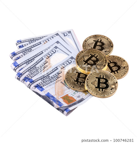 Bitcoins and dollar bank on white background. Bitcoins and dollar bank on white background. 100746281
