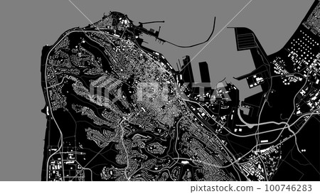 Black grey Haifa City area vector background map, Haifa roads and water cartography illustration. Black grey Haifa City area vector background map, Haifa roads and water cartography illustration. 100746283
