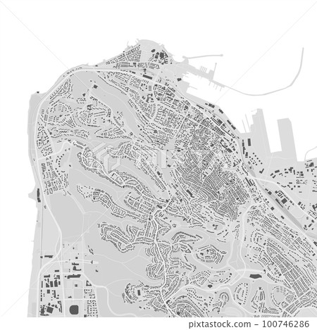 Urban city map of Haifa. Vector poster. Black grayscale black and white road map. road map image with roads, metropolitan city area view. Urban city map of Haifa. Vector poster. Black grayscale black and white road map. road map image with roads, metropolitan city area view. 100746286