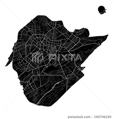 Tashkent map. Detailed black map of Tashkent city poster with roads. Cityscape urban vector. Black land with white roads and avenues. 100746289