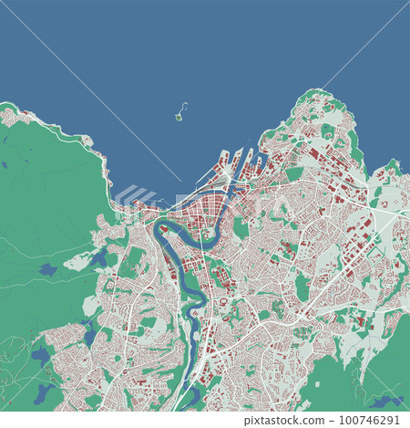Trondheim map. Detailed map of Trondheim city administrative area. Cityscape urban panorama. Outline map with buildings, water, forest. Trondheim map. Detailed map of Trondheim city administrative area. Cityscape urban panorama. Outline map with buildings, water, forest. 100746291