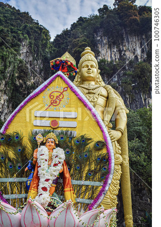 Lord Murugan statue with colorful kavadi in Thaipusam 100746305