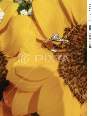 Engagement diamond ring closeup shot in sunflowers 100746335