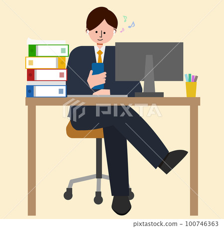 Illustration of a male young employee listening to music while looking at his smartphone at his desk with a pile of work 100746363