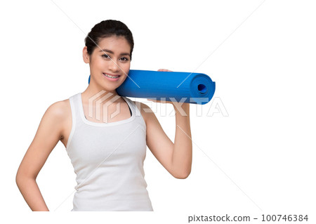 Asian healthy woman with yoga mat isolated with clipping path on white background 100746384