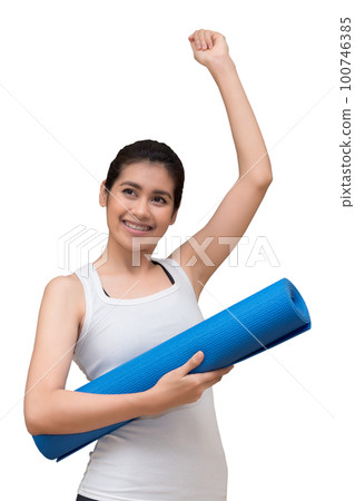 Asian healthy woman with yoga mat isolated with clipping path on white background Asian healthy woman with yoga mat isolated with clipping path on white background 100746385