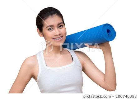 Asian healthy woman with yoga mat isolated with clipping path on white background Asian healthy woman with yoga mat isolated with clipping path on white background 100746388